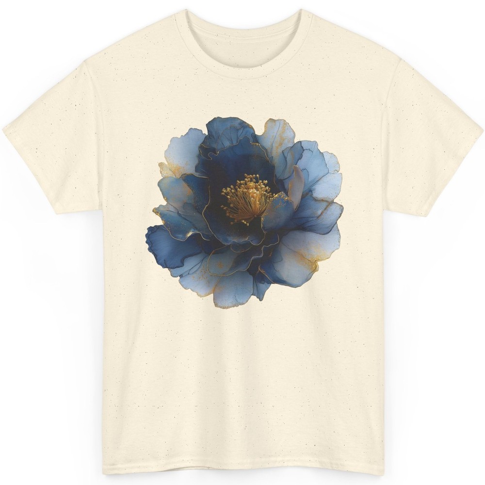 Watercolor Blue Flower T Shirt Gold Accents Abstract Floral Graphic Tee Top-image