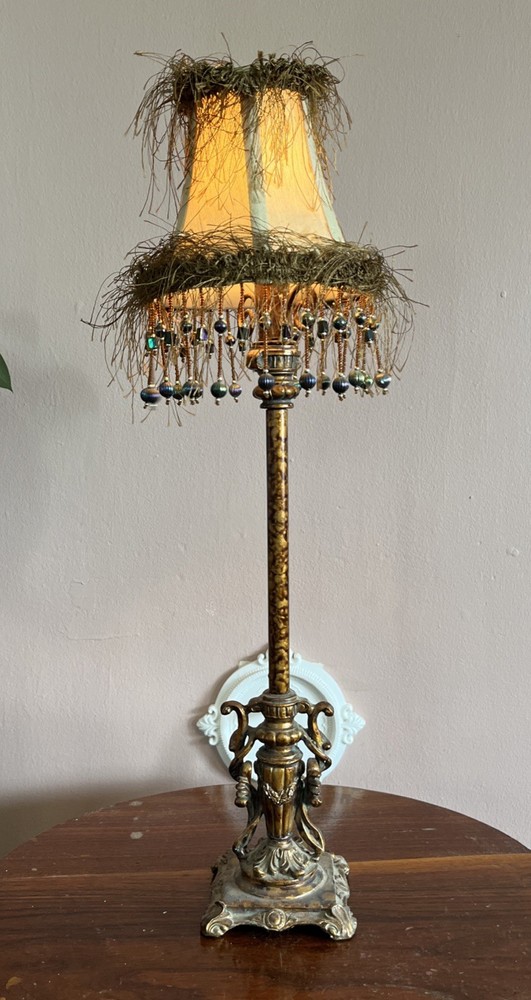 Vintage 2003 Beaded  Mini Lamp Gold Base 20.5” Tall6” Wide