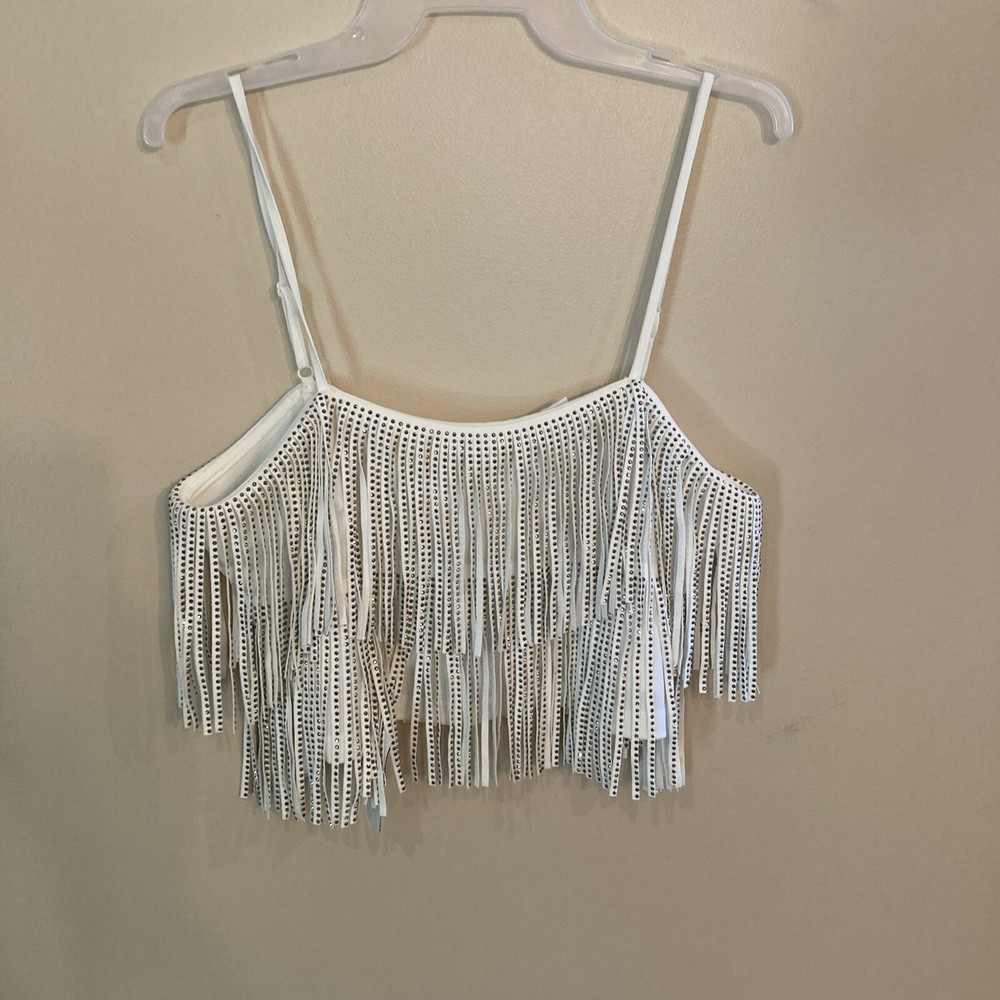 White Rhinestone Fringe Cami Crop Top Womens Size L