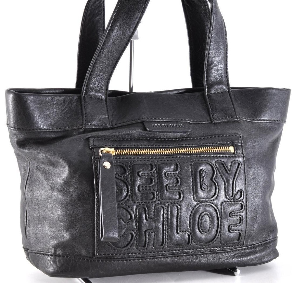 Chloe Black Gold Logo Leather Tote Bag with Double Handles for Women  