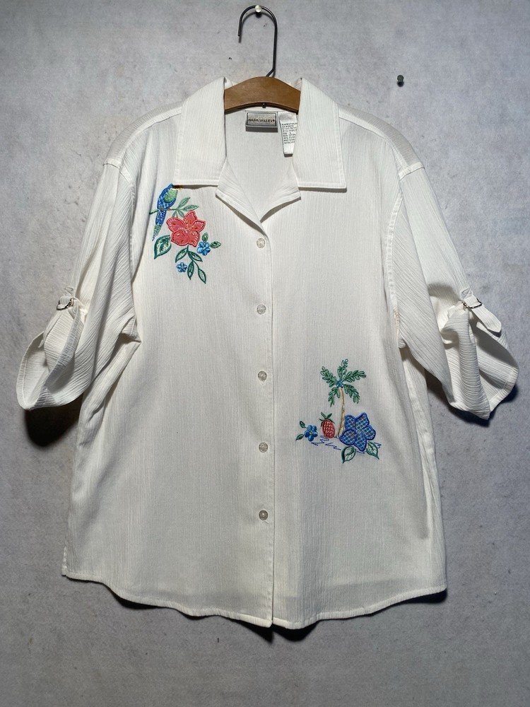 Napa Valley Women’s Size L Button Up Floral Bird Embroidered Short Sleeve Shirt