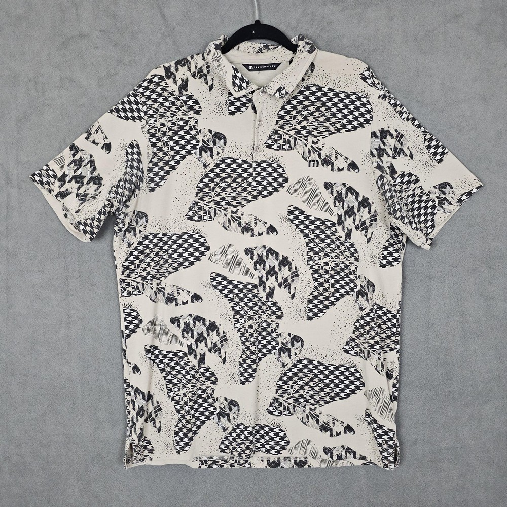Travis Mathew Polo Shirt Mens XL Beige Abstract Graphic Golf Performance Casual-image