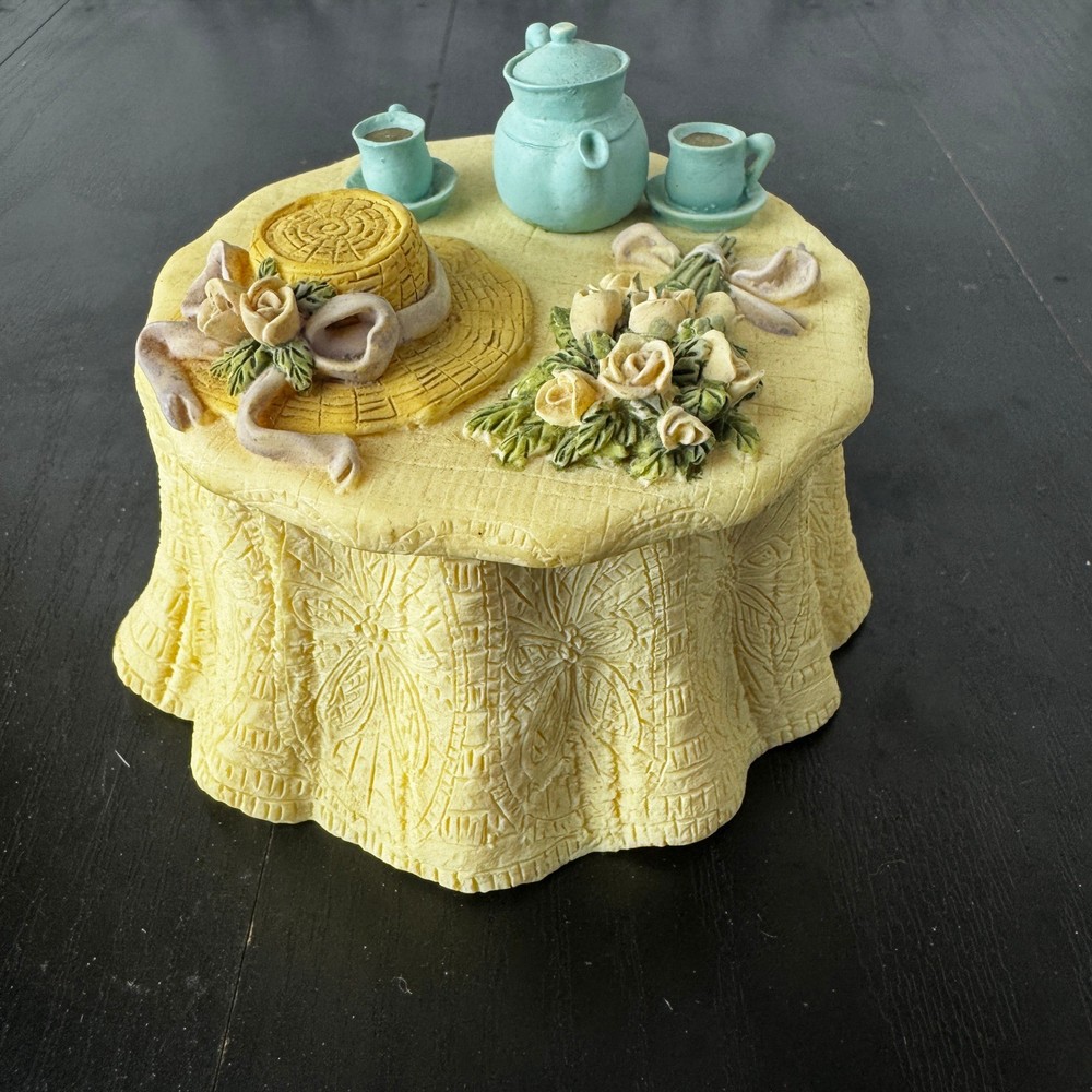 Dezine LTD Table Tea Set Trinket Box w Hat Roses Hand Painted Cottagecore