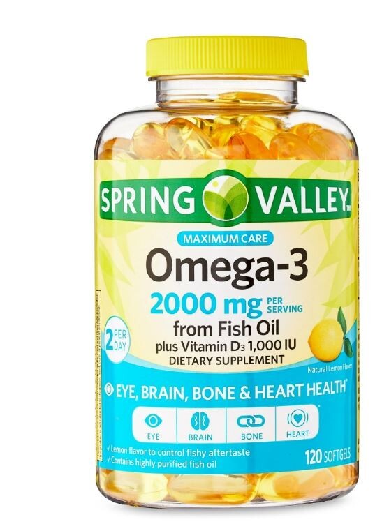 Spring Valley Omega-3 Fish Oil with Vitamin D3 Softgels 120ct for Heart & Brain Health