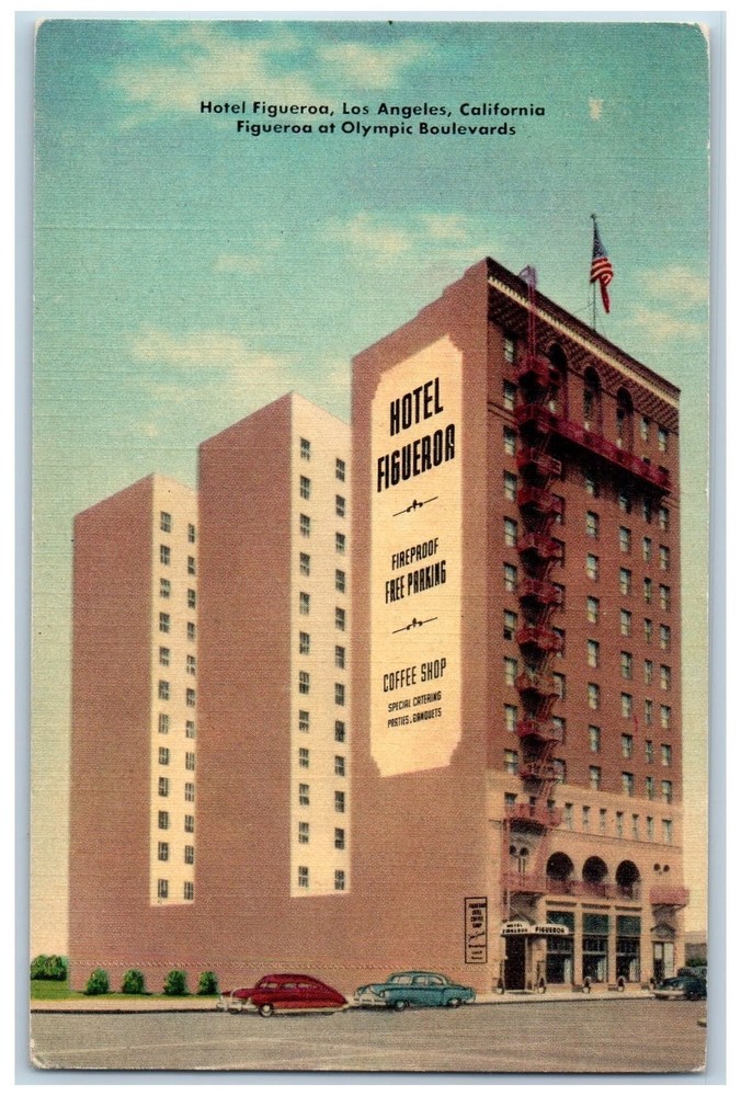 Los Angeles California CA Postcard Hotel Figueroa Building Exterior c1940's Cars