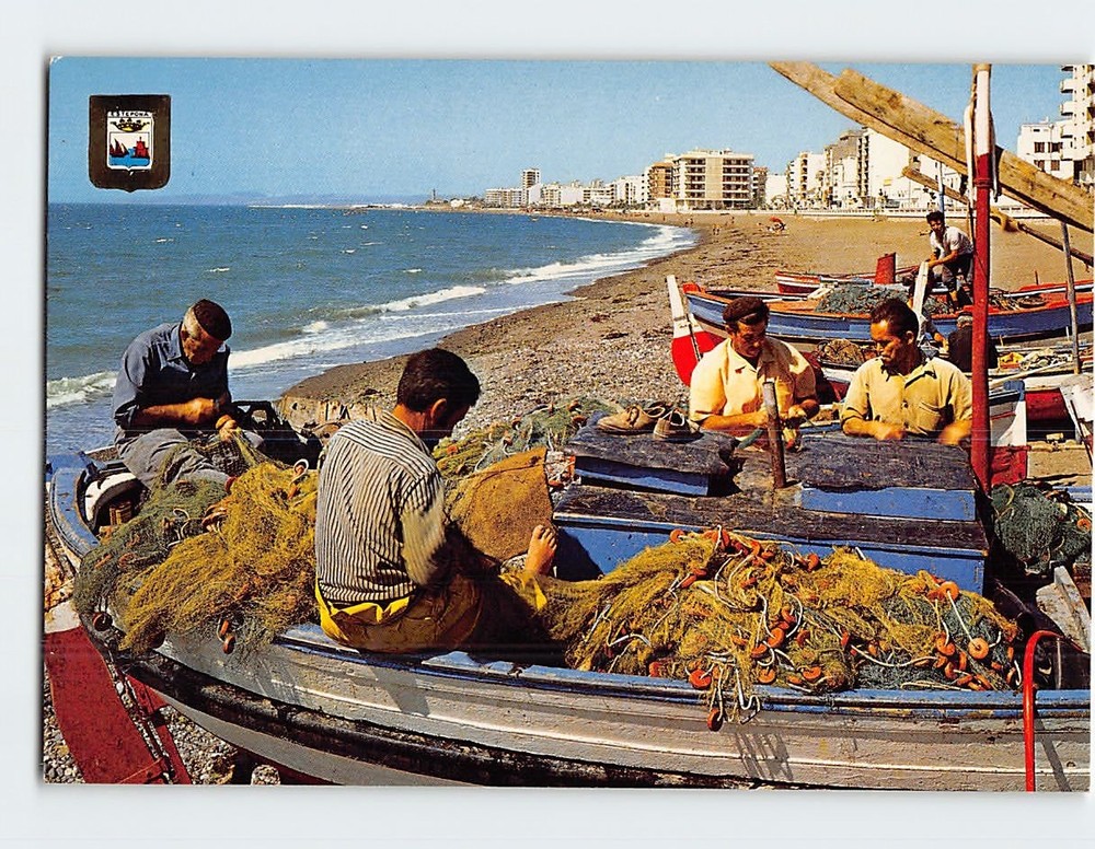 Postcard Fishermen Working with Nets on the Beach in Torremolinos Spain