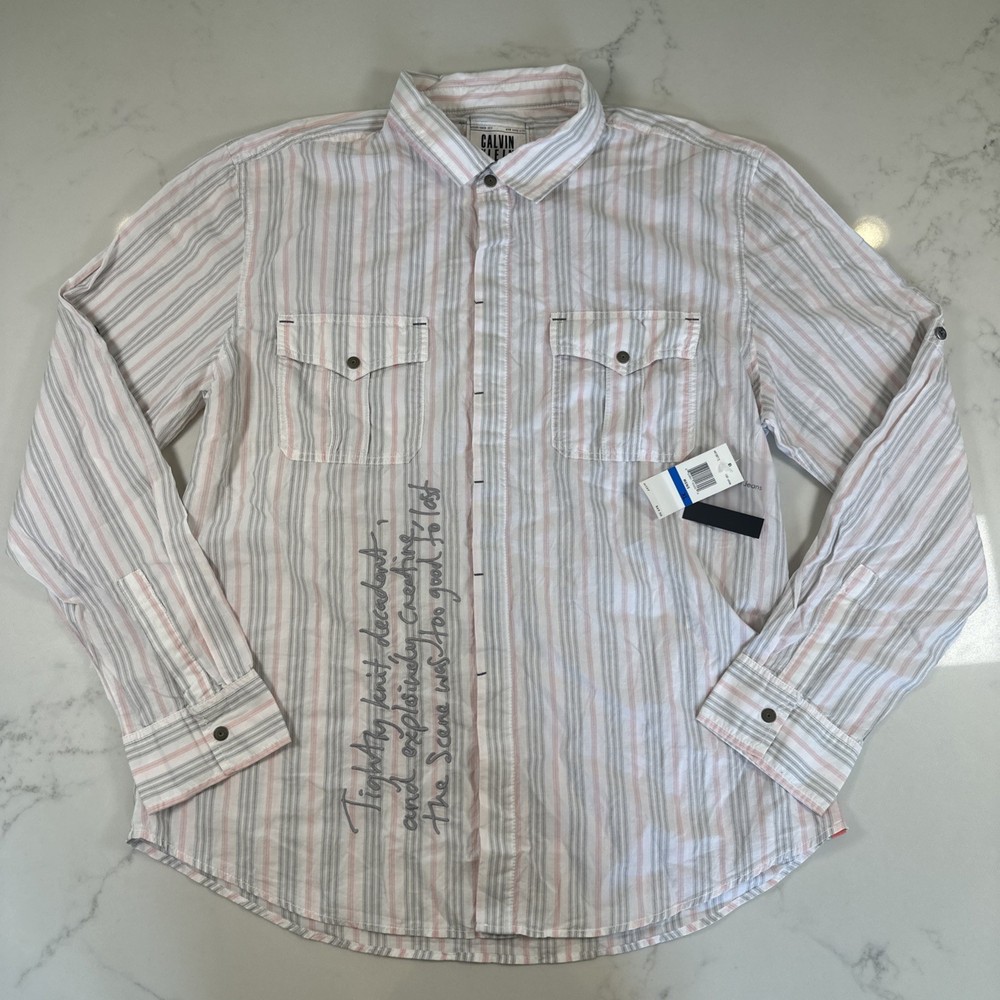 Calvin Klein Jeans Men’s XL Striped Button Down Shirt NWT Y2K Embroidered