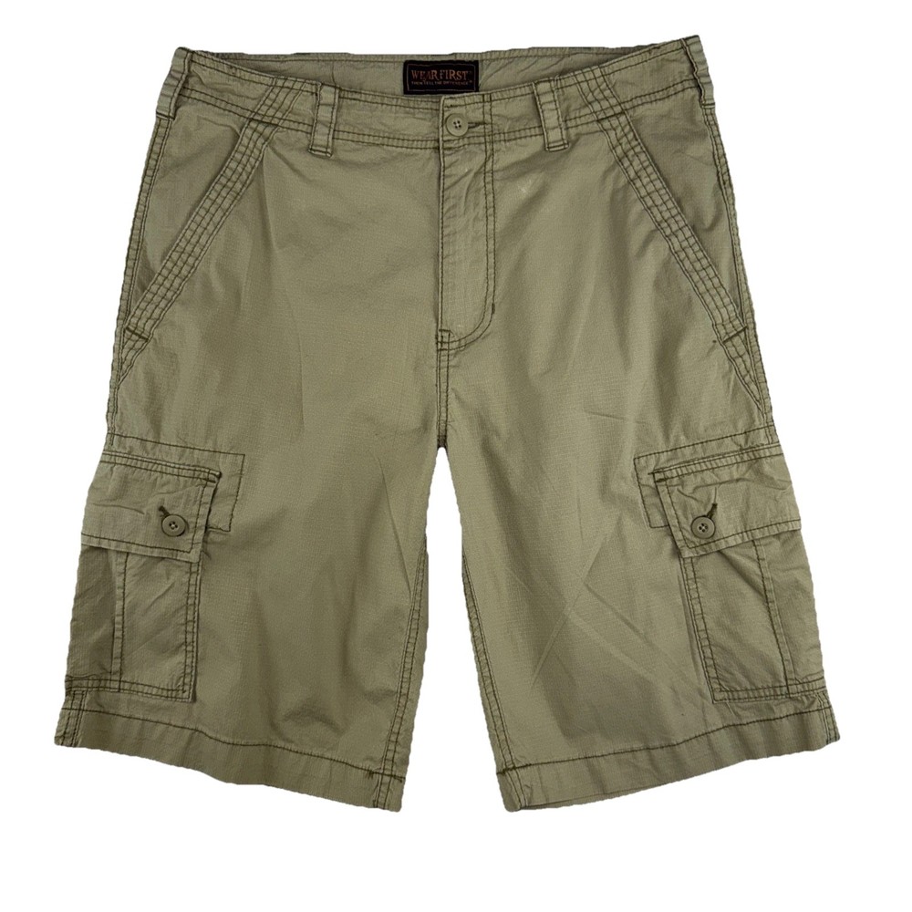 Wear First Shorts Mens 32 Brown Khaki Cotton Mid Rise Flat Front Cargo Pockets