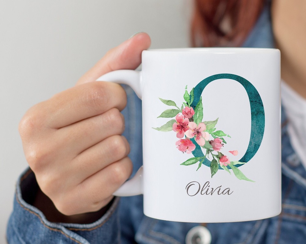 Personalized Monogram Initial Name Mug Floral Alphabet Cup Birthday Gift