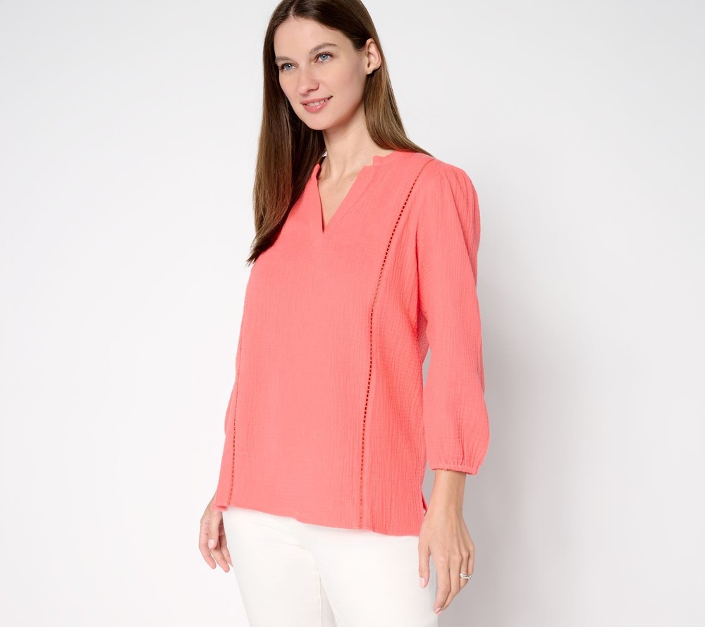 Belle by Kim Gravel Women's Top Sz S 100% Cotton Gauze Ladder Lace Pink A691516