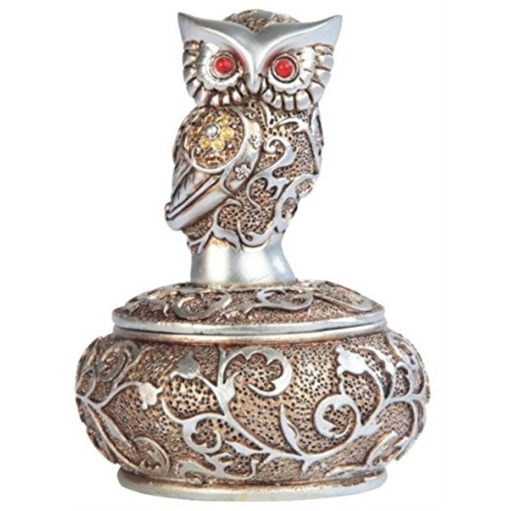 Silver Gold Owl Round Trinket Box Decorative Keepsake