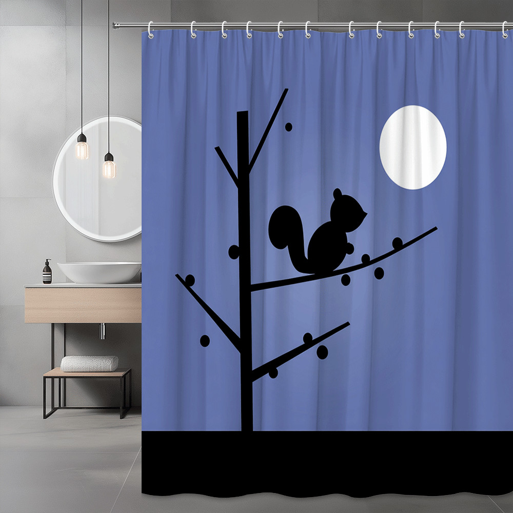 Squirrel on Tree Moon Shower Curtain Blue Silhouette Print