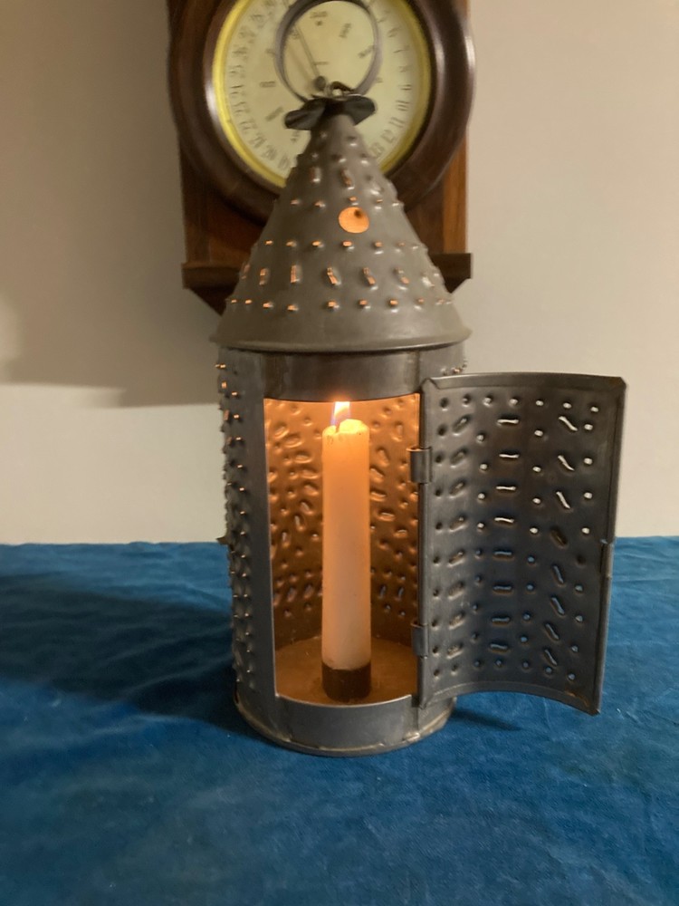 Vintage Primitive Paul Revere Punched Tin Round Candle Lantern, 12” tall