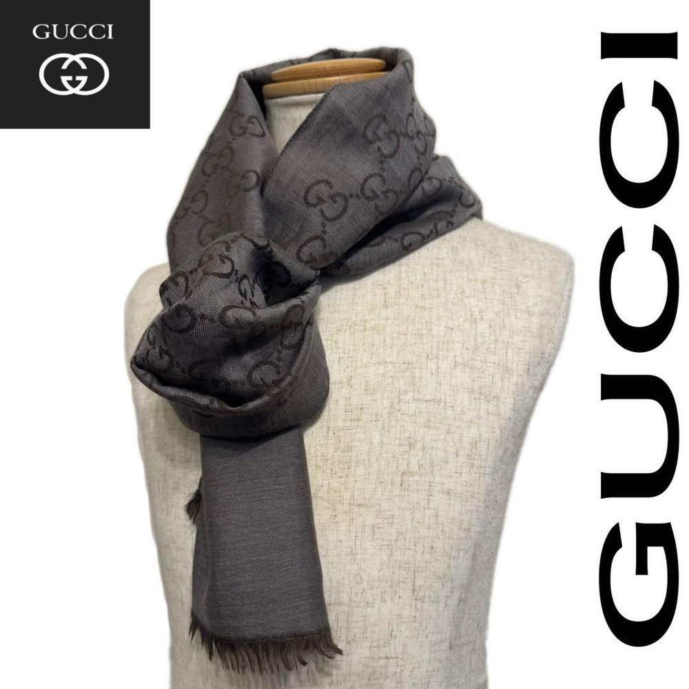 Gucci GG Logo Gray Brown Cashmere Muffler Scarf