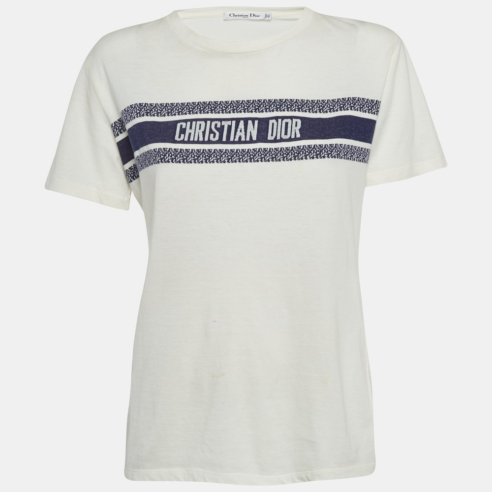 Christian Dior White Logo Intarsia Cotton Knit TShirt M