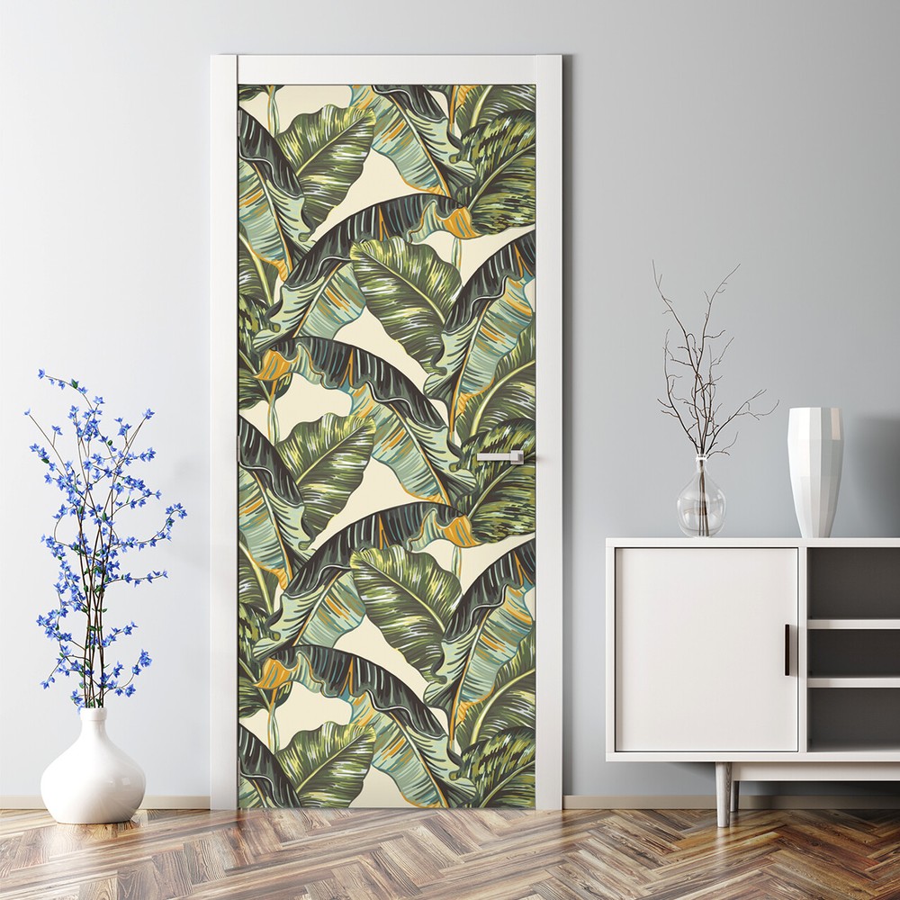 Tropical Palm Leaves Bubble-Free Door Sticker Banana Leaf Traditional Decal