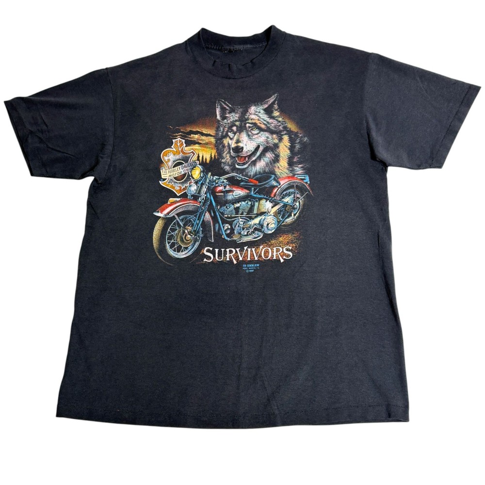 Vintage 1991 Mens Harley Davidson 3D Emblem Survivors Wolf T-Shirt Size L
