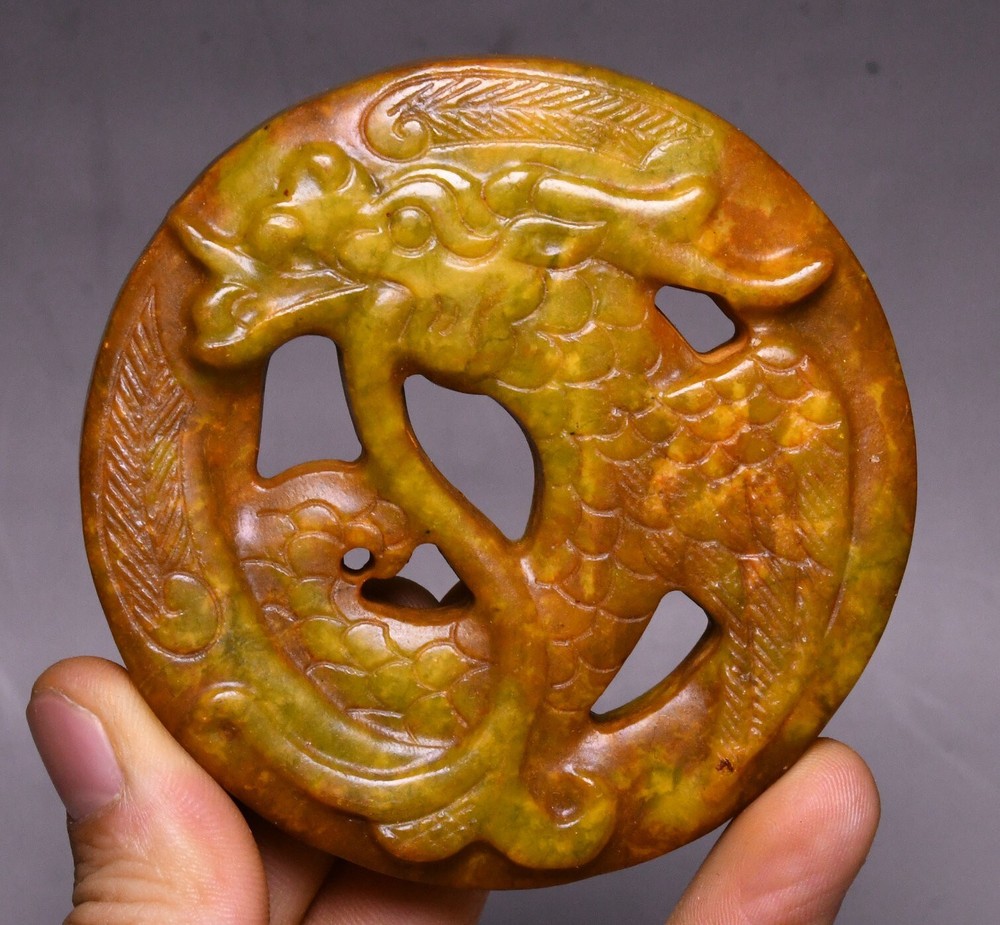 Chinese Dynasty Old Jade Dragon Loong Beast Pattern Yubi Yu Bi Amulet Pendant