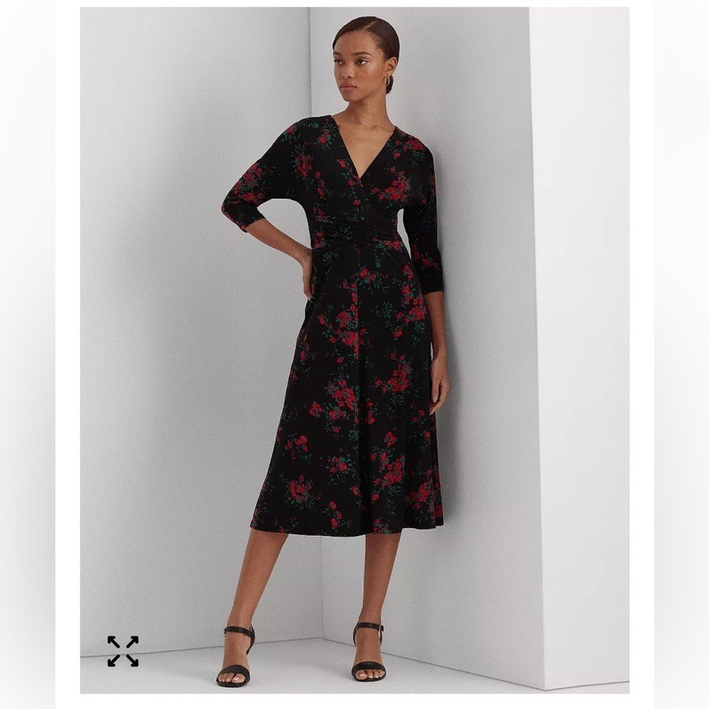 Lauren Ralph Lauren Pleated Jersey Dress Black Floral Women's Size 10