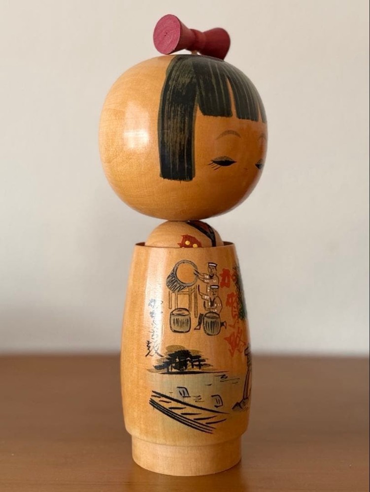 Masayuki Kokeshi Doll 22cm Creative Wooden Handmade Red Ribbon Art Piece