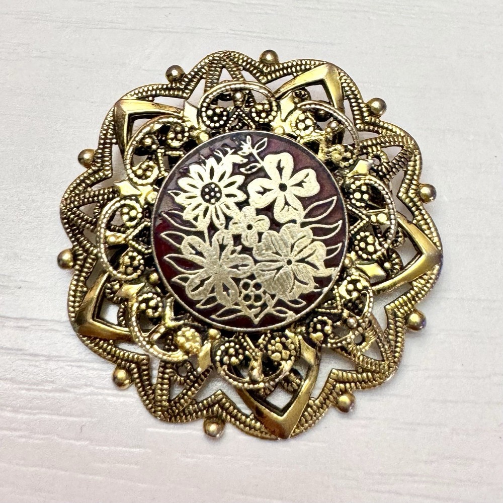 Vintage Signed FREIRICH Brooch Gold Tone Filigree Floral 1.5” Victorian Revival