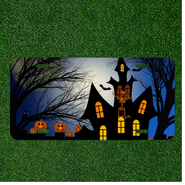 Custom Personalized Auto Tag With Wicked House With Halloween Pumpkins Design