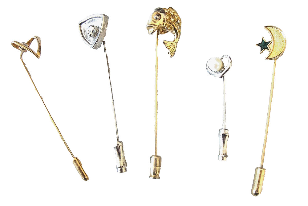Vintage Stick Pin Lot of 5 Hearts Mushroom Fish Crescent Moon Gold Silver Tone