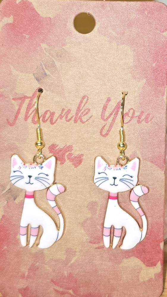 Dangle White Cat Earrings With .925 Sterling Silver Hooks Goldtone Overlay