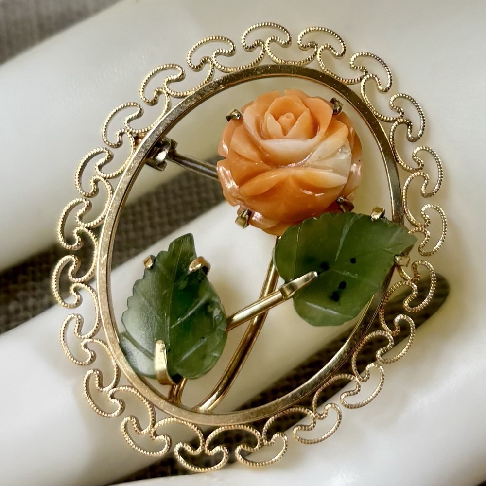 Vintage Gold Tone Krementz Brooch Angel Skin Coral Carved Rose & Jade Leaves