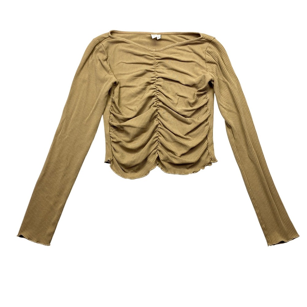 & Other Stories Tan Ruched Front Ribbed Long Sleeve Top Lettuce Edge S