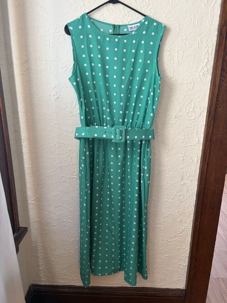 Blair Green Polka Dot Sleeveless Belted Midi A-Line Dress