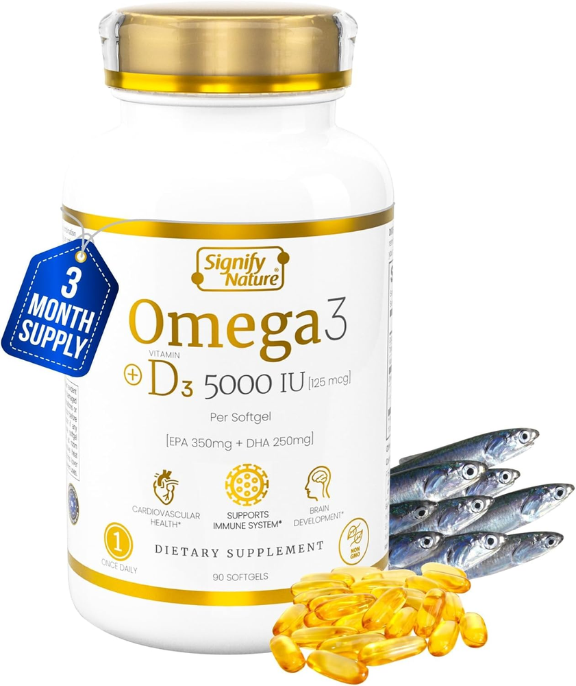 Omega 3 Fish Oil Supplement with Vitamin D3 5000 IU - 1000Mg Triglyceride Capsul