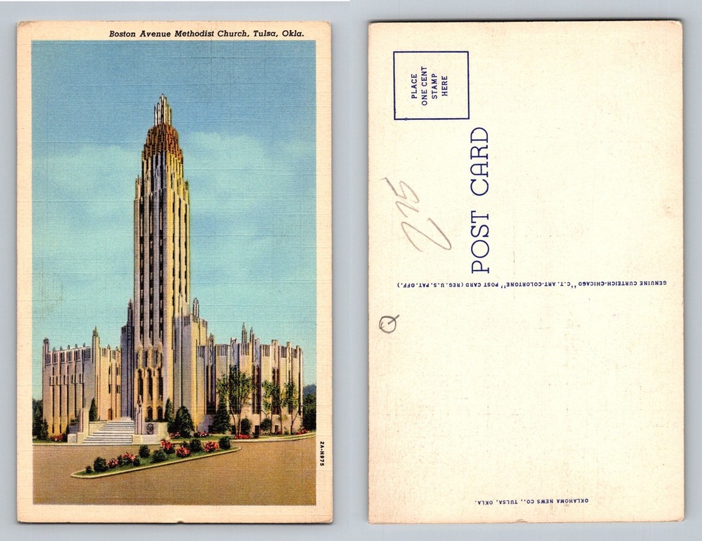 Tulsa OK-Oklahoma Boston Avenue Methodist Church Art Deco Tower Vintage Postcard