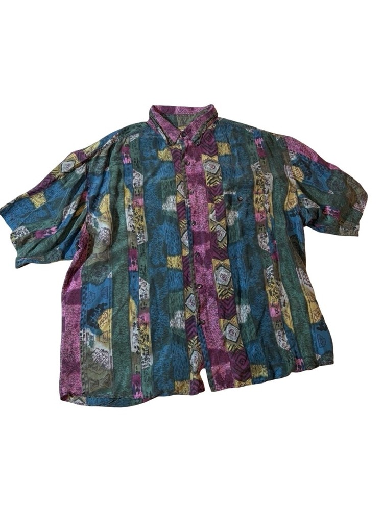 Peter Et John Vintage Silk Shirt Mens Large Abstract Geo 90s Artsy Button Up
