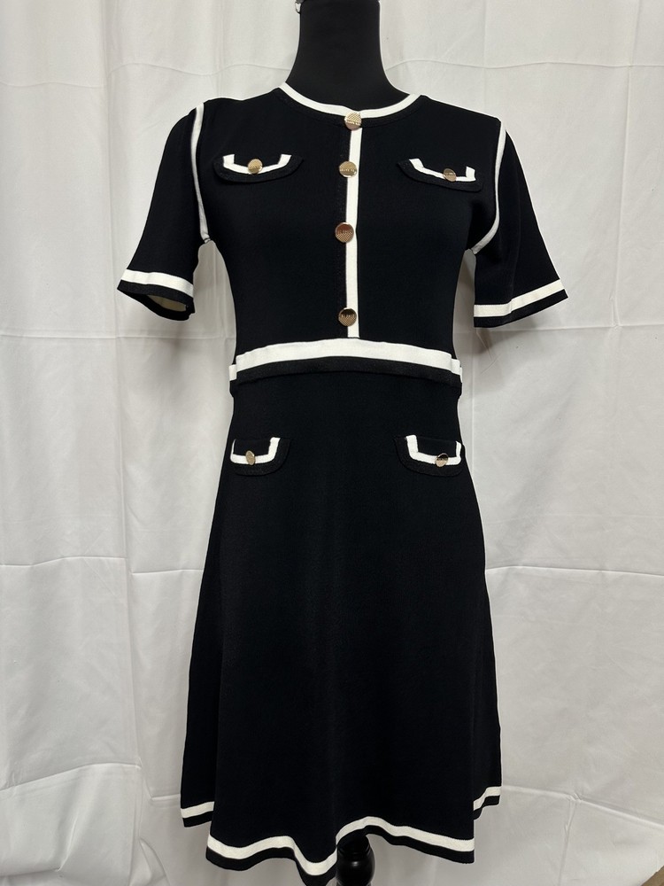 Ted Baker Black White Contrasting Sweater Skater Midi Dress short Sleeve US 12