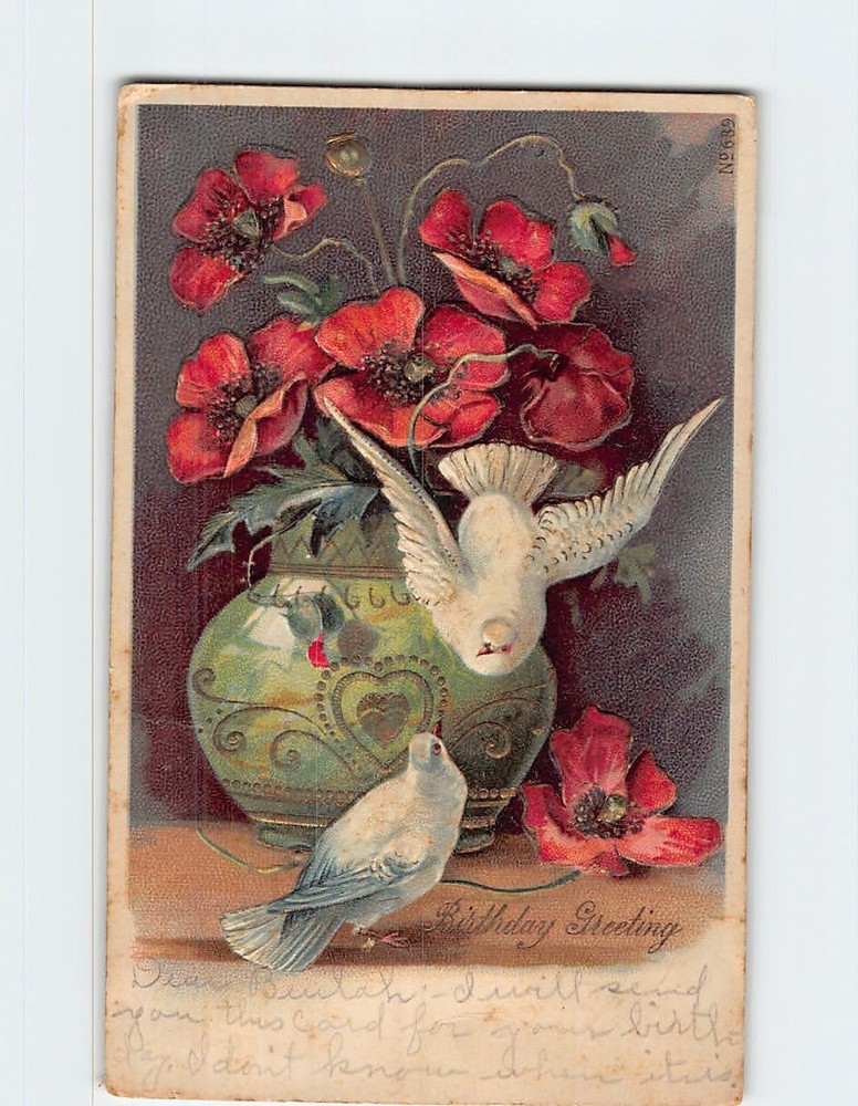 Postcard Birthday Greeting Birds & Flower Art Print Embossed Card