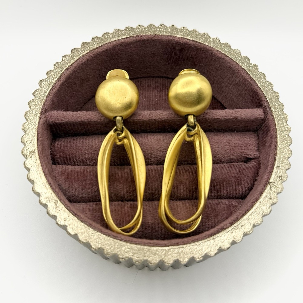Vintage Gold Tone Clip-On Earrings - Dangle Metal 1970’s
