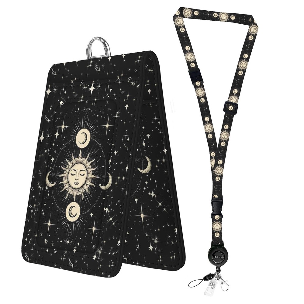 Sun and Moon Lanyard with ID Holder，Leather Badge Holder with Double-Sided Wi...
