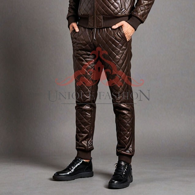 Men's Soft Genuine Leather Brown TrackSuit Trouser Quilted Jogging Road Walking