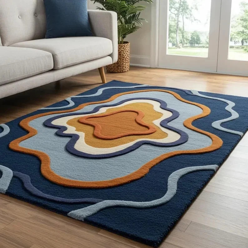 Abstract Topographic Wool Area Rug | Hand-Tufted Wavy  in Blue  \Carpet