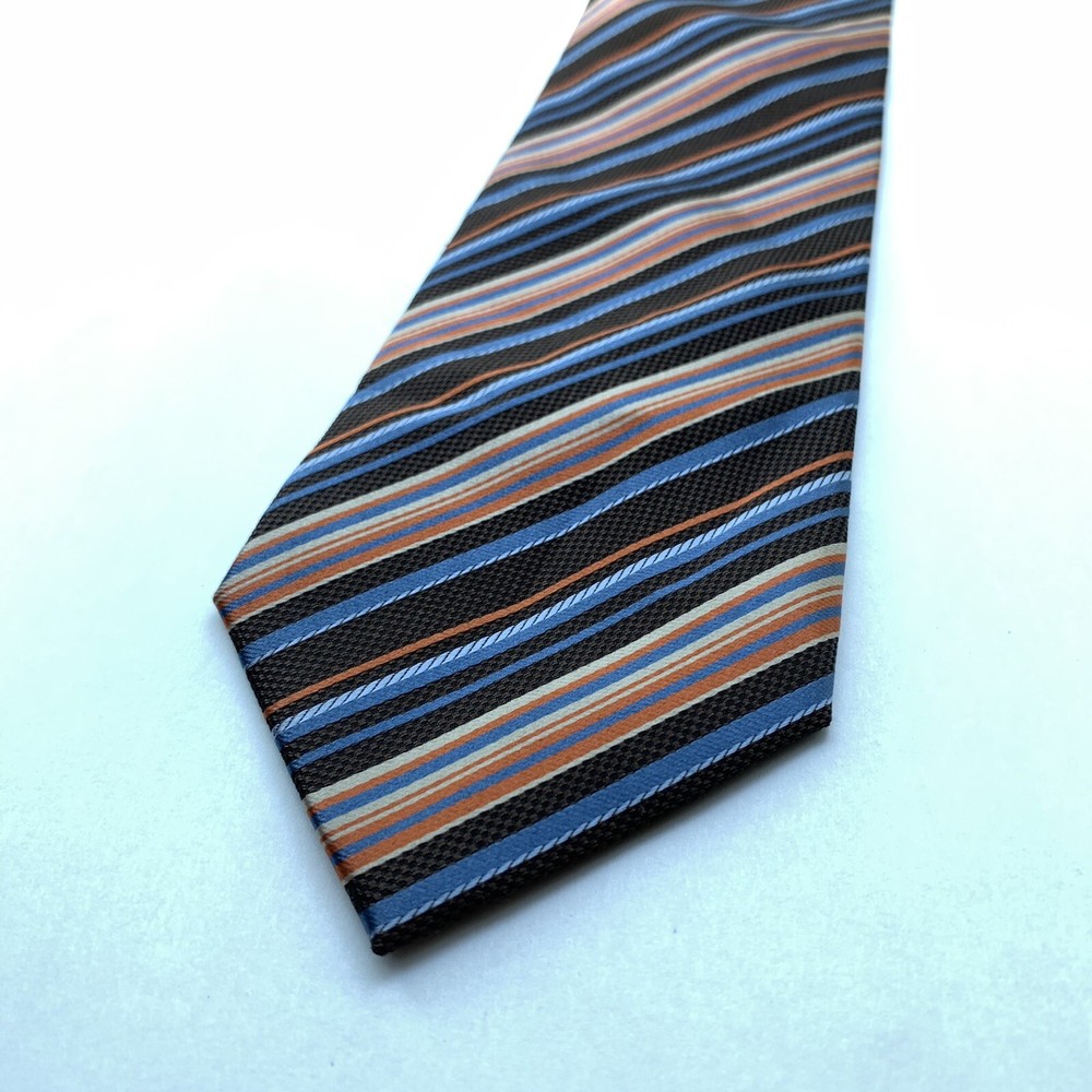 Pronto Uomo Necktie Tie Neckwear Silk 57”L x3.5”W Brown Orange Blue Striped