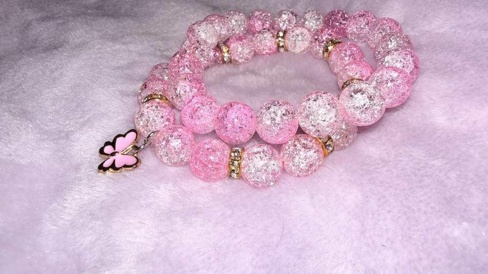 Pink Clear Crackle Glass Beaded Stackable Bracelet Set Butterfly Dangle Charm