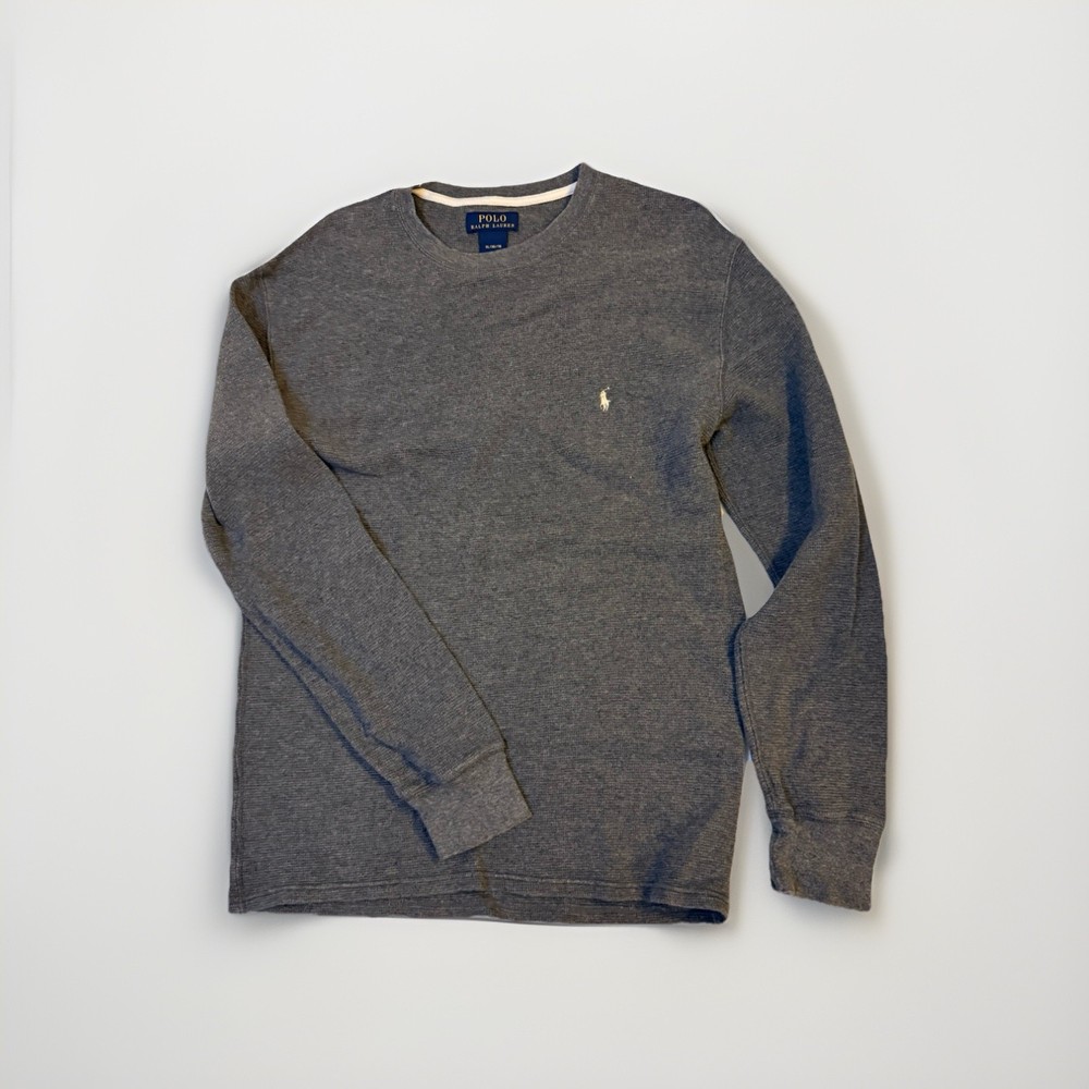 Ralph Lauren T Shirt Mens XL Gray Polo Bear Thermal Waffle Knit Long Sleeve *