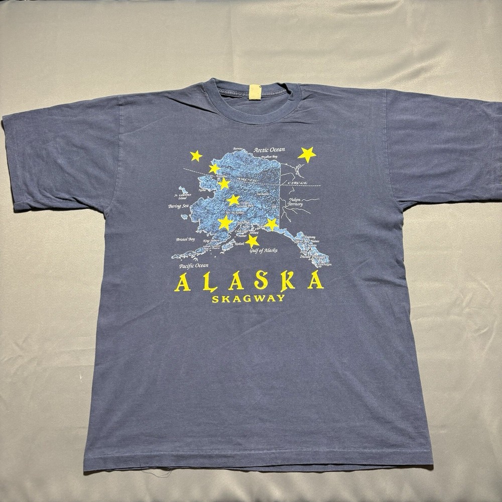 Vintage 90s Alaska Skagway Map Last Frontier Geography Faded Shirt XL