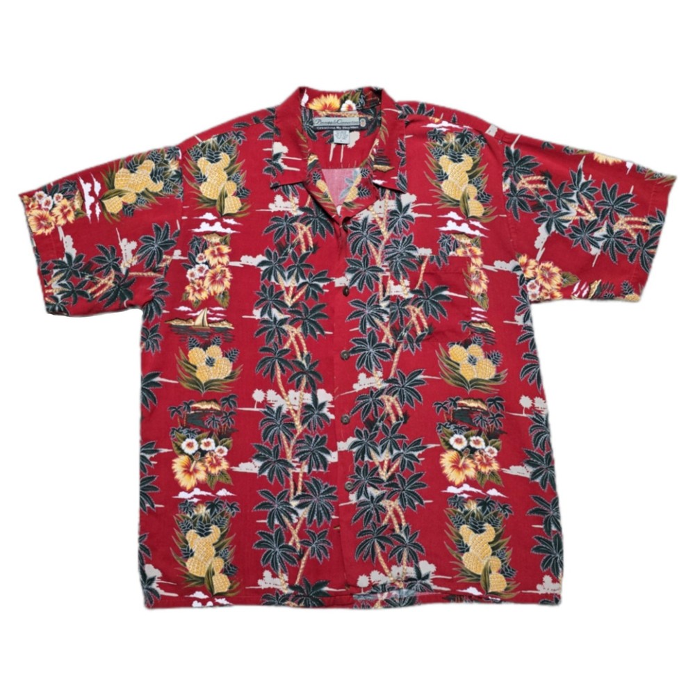 Pineapple Connection Hawaiian Shirt Red And Yellow Palm Tree Size L Adult Mens