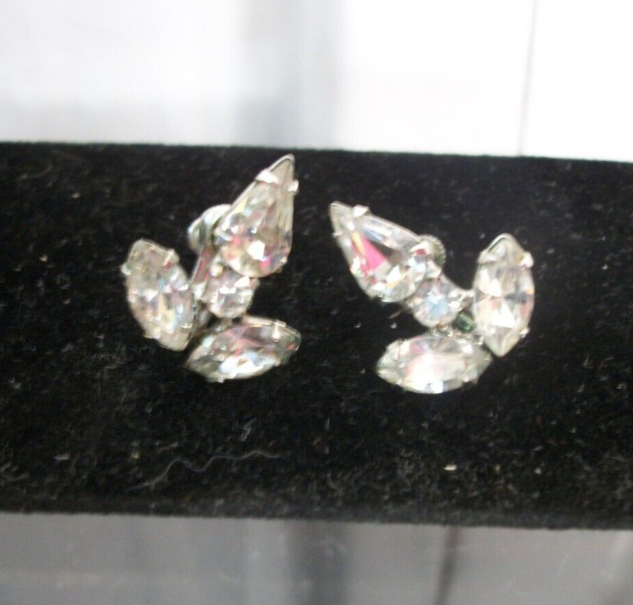 Vintage Earrings Rhinestone, Fleur De Lis Silver Tone, Screw Back