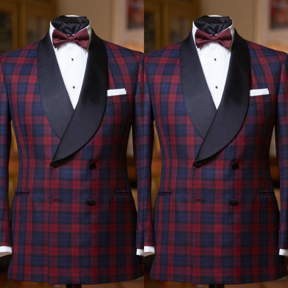 Checked Men's Suit Christmas Party Shawl Lapel Tuxedo Jacket Prom Evening 2Pcs