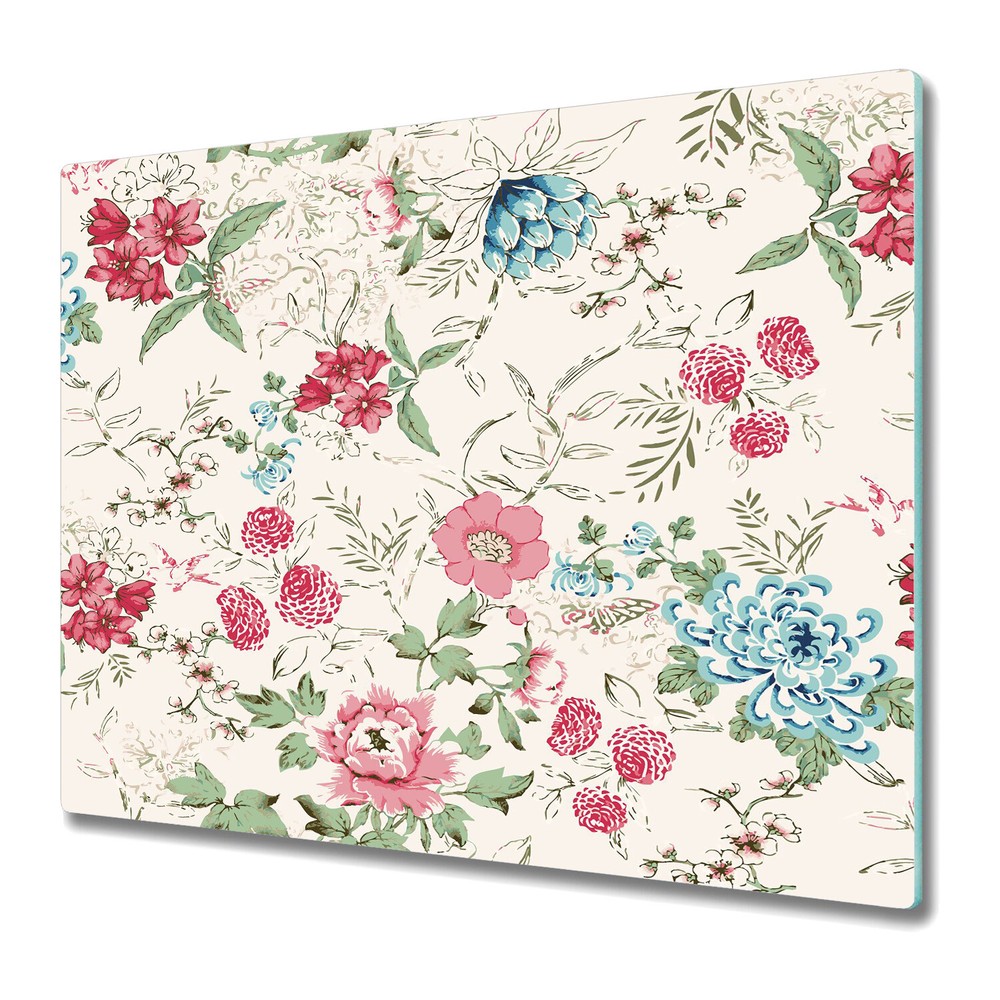 Serving Chopping Board Tempered Glass Cover Red Flowers Vintage 60x52