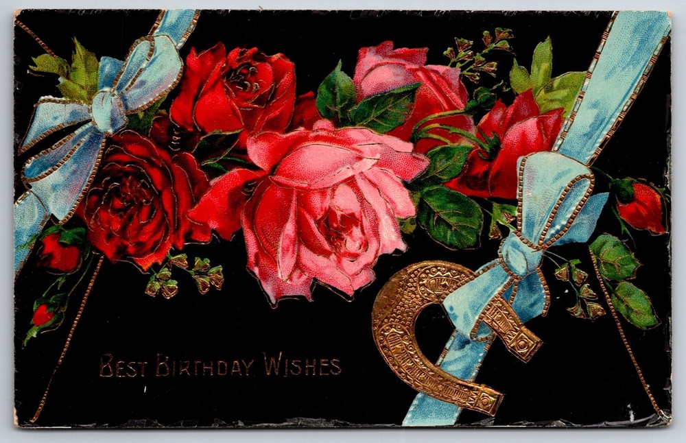 Greetings~Red Roses Blue Ribbon & Best Birthday Wishes~Vintage GEL Postcard