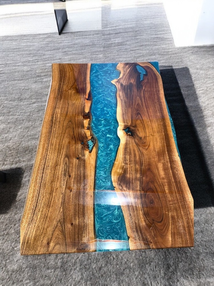 Blue Epoxy Resin Live Edge Acacia Wood Dining Table 30x48 Outdoor Patio Furniture-image